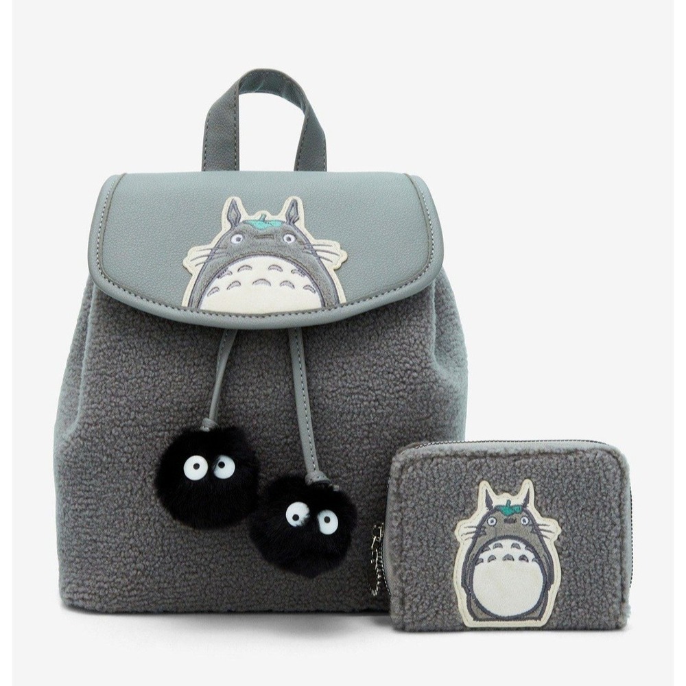 NEW! Studio Ghibli My Neighbor Totoro Gray Sherpa‎ Slouch Backpack & WALLET SET!